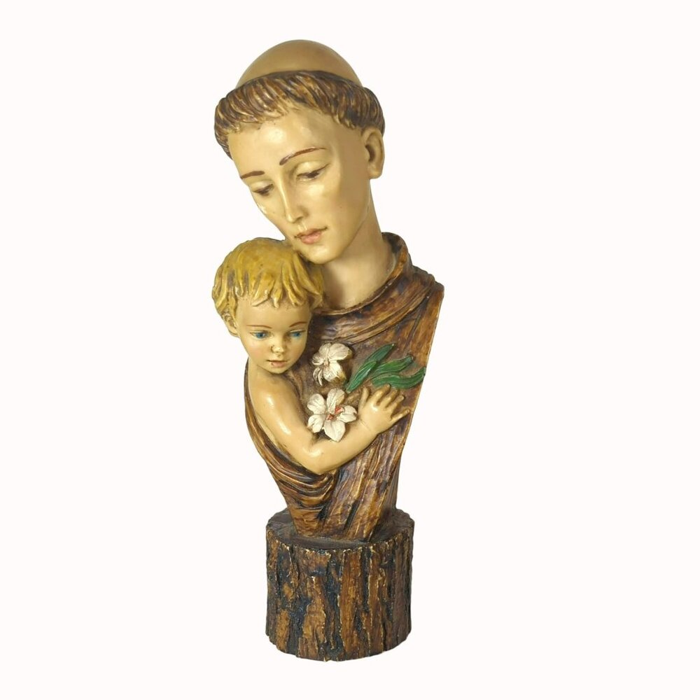 St. Anthony of Padua & Child Religious Vintage Statue Bust Italian Resin 10"